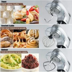 COSTWAY Robot Pâtissier 1300W,220-240V~50/60Hz Avec Bol D'Acier Inox 5,5L, Vitesse Réglable à 10 Niveaux Avec Protection Contre Surchauffe Accessoires Inclus Batteur, Crochet à Pâte Et Fouet (Argent) -Malaxeur Soldes 22976354 2