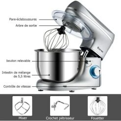 COSTWAY Robot Pâtissier 1300W,220-240V~50/60Hz Avec Bol D'Acier Inox 5,5L, Vitesse Réglable à 10 Niveaux Avec Protection Contre Surchauffe Accessoires Inclus Batteur, Crochet à Pâte Et Fouet (Argent) -Malaxeur Soldes 22976354 3